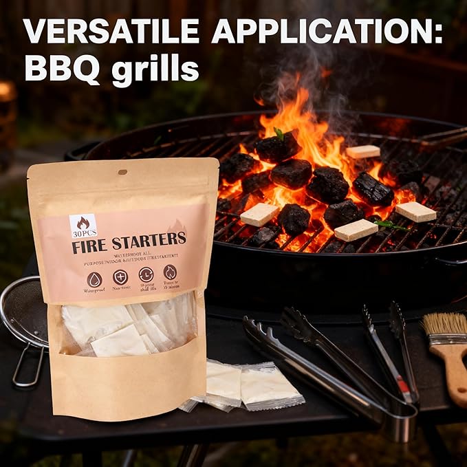 (30 Pcs/Bag) Waterproof Fire Starters for Campfires & Fireplace -Quick Light Charcoal Starter Squares, Odorless Fire Starter for Wood Stove, Grill, BBQ & Non-Toxic - Burns 10 Min