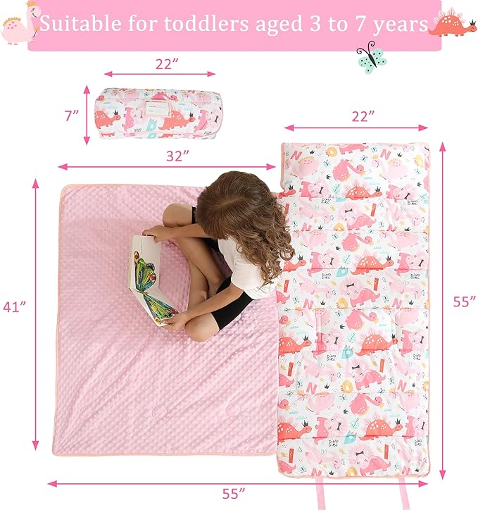 Toddler Nap Mat for Preschool 50''x30'' Sleeping Mat with Removable Pillow and Minky Blanket for Kids Ages 3-7 Roll Up Soft Sleeping Bag for Boys Girls Kindergarten Daycare Sleepover