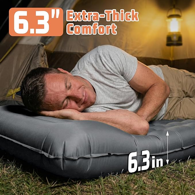 Sleeping Pad, 6.3 Inch Thick Air Mattress for Outdoor Camping, Backpacking, Hiking, Road Trips, Tent Sleep & Car Travel Comfort