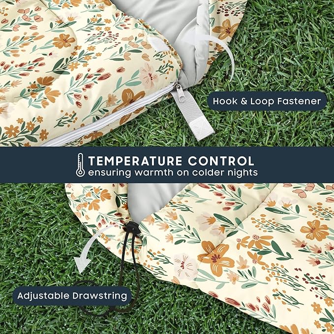Wake In Cloud - Kids Sleeping Bag for Girls Toddlers, Camping in Warm Cold Weather, Backpacking Lightweight Compact Outdoor Liner for 3 Seasons Summer Spring Fall, Flowers Orange Cream