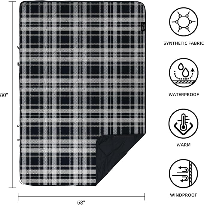 Large Outdoor Waterproof Blanket Extra Thick Fleece Stadium Blanket for Camping, Car, Pet, Picnics - Windproof, Wearable, Machine Washable 80" x 58" (Black Check)