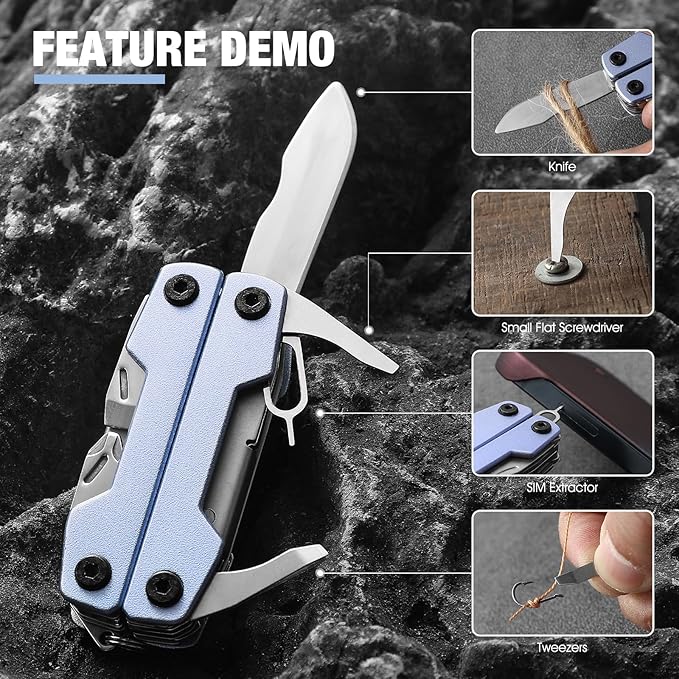 Multitool with Pocket Knife,Gifts for Men and Women, 11-in-1 Mini EDC Multitool with Screwdriver, Scissors, SIM Extractor and Bottle Opener, Perfect for Outdoor, Camping, Hiking, Simple Repair (Blue)