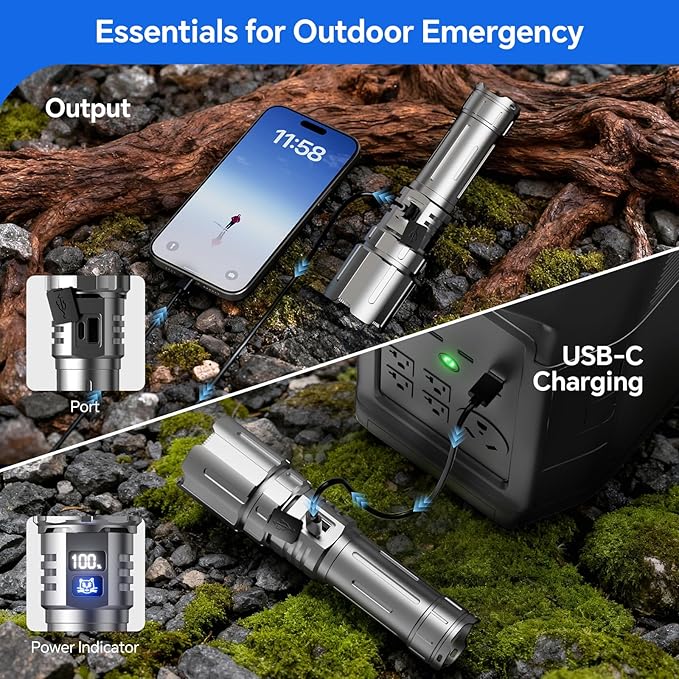 Yemao EDC Flashlight Rechargeable with Camping Lamp,Zoomable Tactical Flashlight with 8 Modes,5000mAh LED Bright Flashlights Portable Flashlighst for Home,Camping,Travel,Emergency
