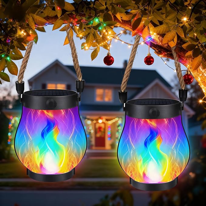iBaycon 2 Pack Solar Lanterns Lights, Christmas Flickering Flame Garden Lights with 2 Modes Dual Charging USB & Solar, Outdoor Waterproof Hanging Lantern for Holiday Christmas Decor (Multicolor)