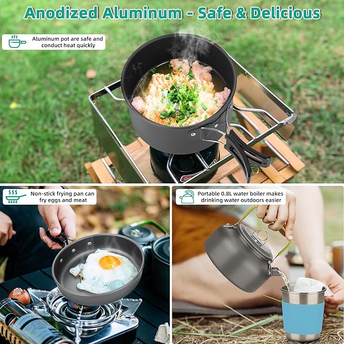18pcs Camping Cookware Kit, Aluminum Non-Stick Pot, Pan and Kettle Set with 2 Set Stainless Steel Cups Plates Forks Knives Spoons for Backpacking and Hiking Camping