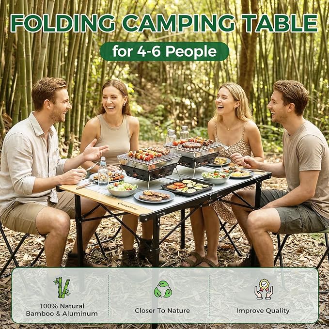KingCamp Folding Camping Table, Aluminum Roll-Up Camp Table, Large Foldable Table for 4-6 Person, Outdoor Portable Tables with Carry Bag, 176 LBS Heavy Duty Load (Bamboo：40.16“x27.5”，4-6 People)