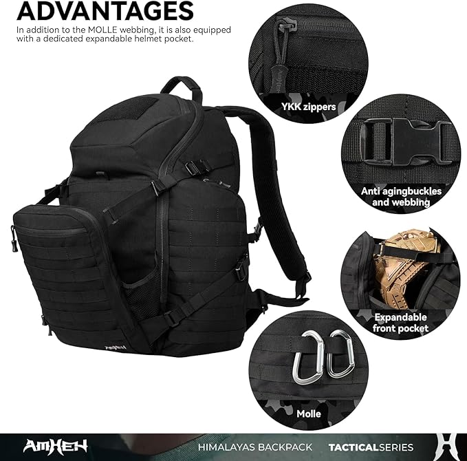 AMHEH 52L Tactical Backpack - 1050D 72 Hour Bug Out, 17" Laptop Compartment, Helmet Pocket and MOLLE for Survival Emergency (Black)