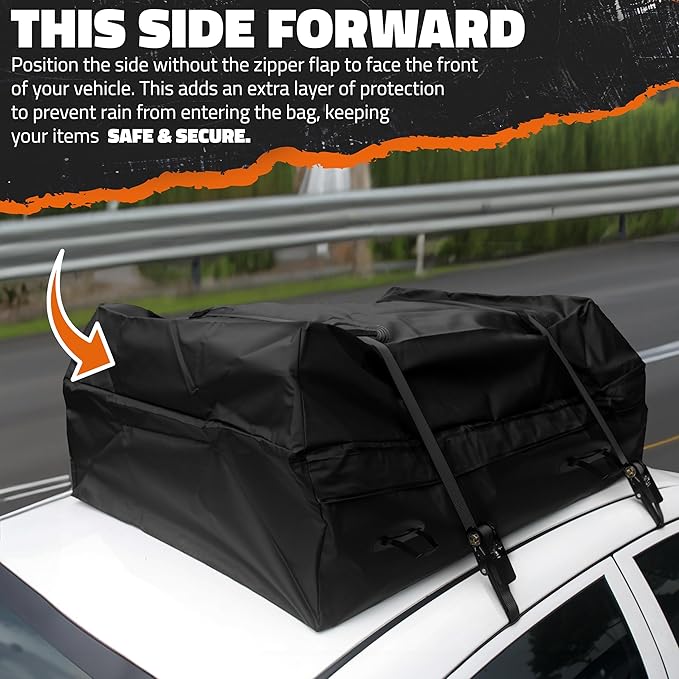 Mockins 16 Cu Ft No Rack Rooftop Cargo Carrier Bag | 45"x34"x18" Weatherproof Rooftop Cargo Bag for Top of Car | Car Topper Luggage Carrier Waterproof Set w/Accessories | Vehicle Soft-Shell Carriers