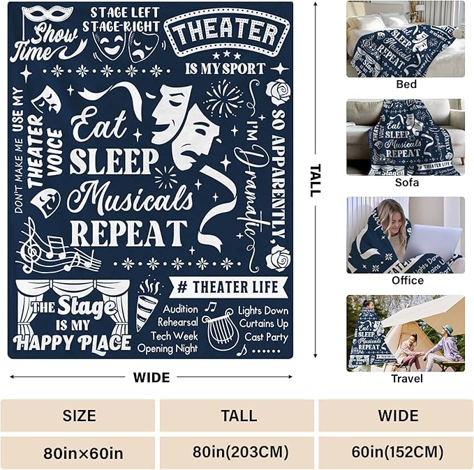 Broadway Blanket Gifts, Musical Theater Gifts for Lovers, Broadway Musical Gift for Theater, Christmas Birthday Gift Blanket for Women Men, 80" x 60"
