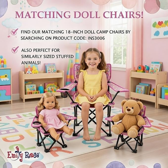 Emily Rose Kids Folding Beach Camp Chair with Cup Holder, Safety Lock & Matching Carry Case (Playful Hearts) – Toddler Travel Chair for Girls Ages 2–7 – Indoor Outdoor Lightweight USA Brand