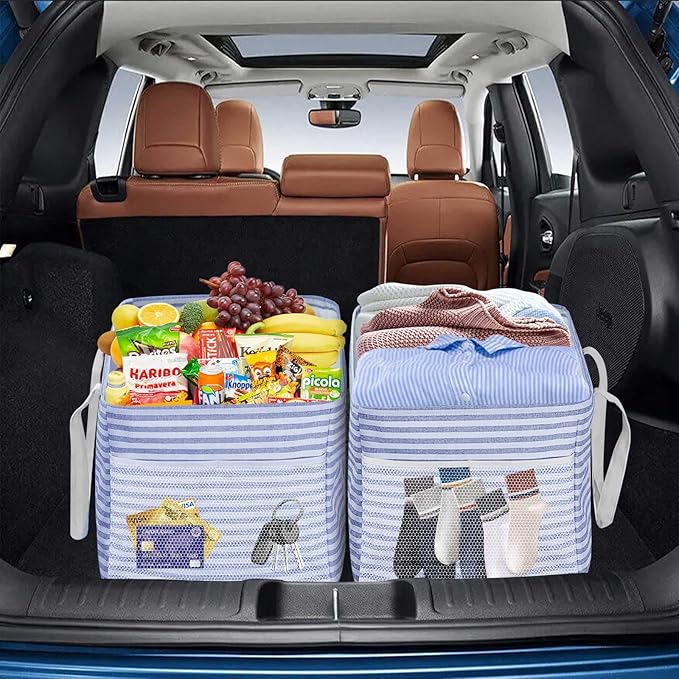 LHZK Standing Extra Large Utility Tote Bag with Metal Wire Frame and the Sides Rinforced, Extra Large Tote Bag with Handle, Reusable Grocery Bags Foldable, Beach Bag, Car Tote (Blue, 26''x15''x13'')