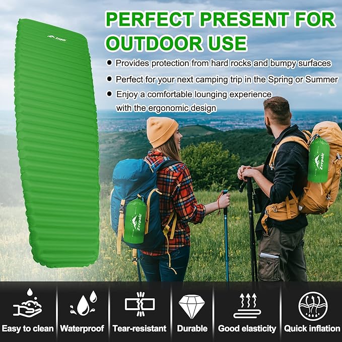 Camping Sleeping Pad, Ultralight Waterproof Inflatable Sleeping Mat with Inflation Bag, Lightweight Portable Compact Air Mattress for Outdoor Backpacking Hiking Traveling Tent Use (Single, Green)