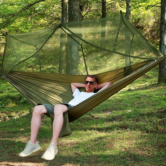 Camping Hammock, Double & Single Portable Hammock with Tree Straps, Lightweight Nylon Hammock Swing Set with Net and Rain Fly Tarp and Pocket for Backpacking Hiking Travel Outdoor(ArmyGreen)