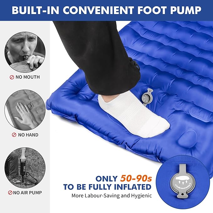 HiiPeak Double Sleeping Pad Self Inflating 3" Extra-Thick for 2 Person with Pillow Built-in Foot Pump Inflatable Sleeping Mat for Backpacking, Hiking, Traveling, Tent, Camping Mat (Single Blue)