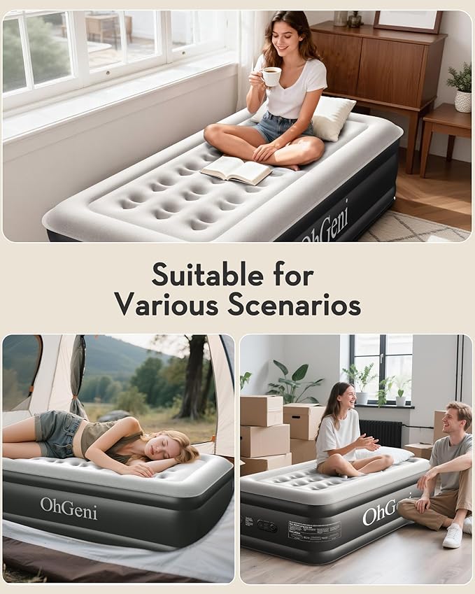 OhGeni Twin Air Mattress with Built in Pump, Blow up Mattresses, Ideal Alternative to a Bed, 18" Raised Blow Up Colchones Inflables Airbed for Guests & Home, Ideal for Home Use and Outdoor Camping