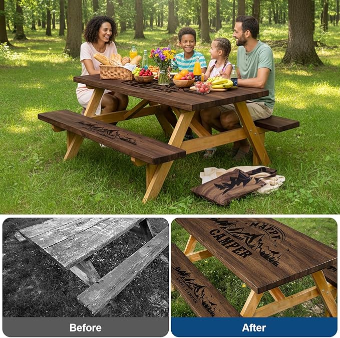 Picnic Table Cover with Bench Covers and Bag, 72in Camping Tablecloth, Waterproof Windproof Elastic Edges Fitted Rectangle Tables RV Gear Campers Must Have(Brown）