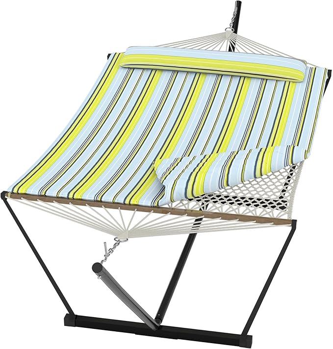 Garvee 2 Person Portable Double Hammock for Outdoor with Pillow, Heavy Duty Portable Hammock with Adjustable Steel Stand for Patio, Garden, Beach, Backyard