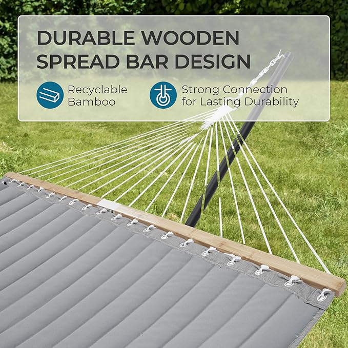 SUPERJARE Hammock with Stand, 2 Person Quilted Outdoor Hammock, Detachable Pillow & Bamboo Spreaders, Portable Hammock with Carrying Bag, Heavy Duty Stand, Perfect for Outside, Patio, Gray