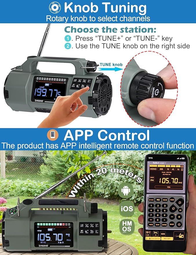 ZHIWHIS Emergency Radio with Bluetooth, Multi-Function Portable Radios with LCD VA Display, FM/MW/SW/VHF/WB Receiver with Alerts, Hand Crank/Solar/USB Charging, 5000mAh for Emergencies ZWS-908(Green)