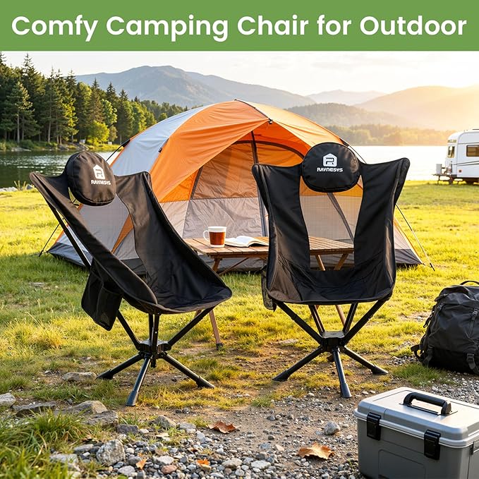 Raynesys 360° Rotation Camping Chair, Compact Hiking Chair with Cup Holder & Storage Pocket, Portable Folding Chairs for Outdoor Activities, High Back Comfort for Long Sitting, 1 Pack Black