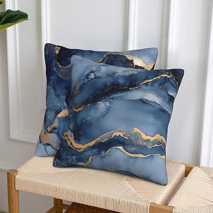 Marble Blue and Gold Throw Pillow Covers 18x18 inch Set of 2 Abstract Texture Pillow Case Cushion Cover for Home Sofa Couch Living Room Car Decor
