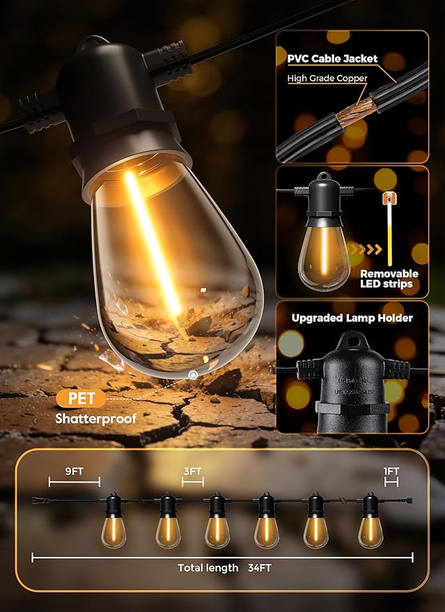 Minetom 34FT Solar String Lights Outdoor Waterproof, 9 LED S14 Shatterproof Bulb, Patio Lights with Remote Type-C Port Timable, 3 Light Modes Dimmable Solar String Lights for Outside, Yard, Camping