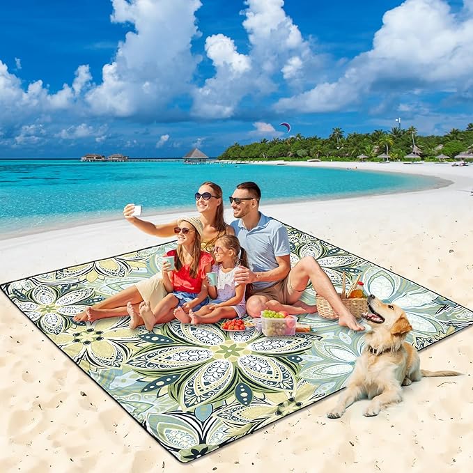 HIHOHO Beach Blanket Waterproof Sandproof Beach Mat for 1-8 Adults Quick Drying Durable Outdoor Picnic Mat for Beach Festival Travel Camping Hiking (Flourishing Blossom-Y&GN, 79"×83"(4 Person))