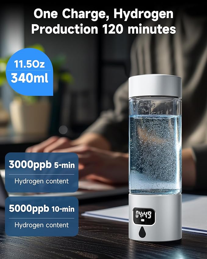 340ml Portable Hydrogen Water Bottle Generator with PEM-SPE Technology, Glass Exterior & Aluminum Shell, Produces 5000 ppb Hydrogen in 10 Minutes, for Home, Gym, Office & Travel