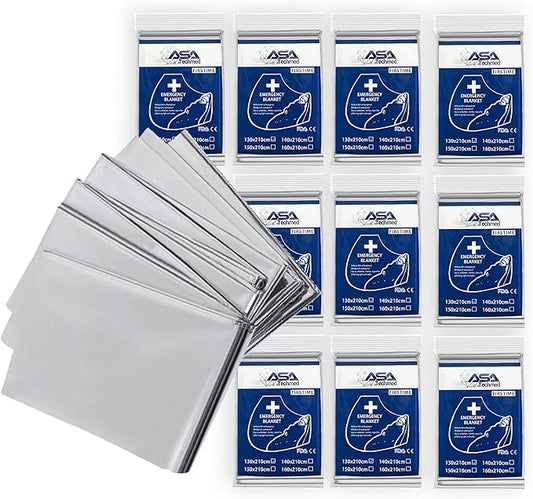 ASA TECHMED - Mylar Emergency Thermal Blanket – Survival Space Blanket for Outdoors, Camping, First Aid & Disaster Kits - Silver (10)