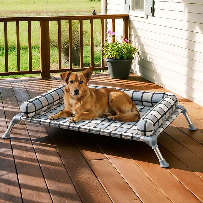 Elevated Pillow Bolster Dog Bed - Raised Dog Beds with Bolster Portable Lifted Washable Pet Cot Bed with Stainless Steel Frame Dogs Hammock Bed for Indoor & Outdoor (Bolster M)