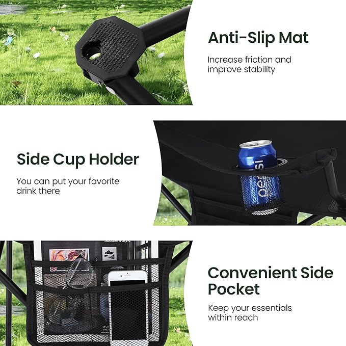HIGH POINT SPORTS 2 Pack Portable Camping Chair for Adults, Folding Outdoor Camp Chair Lightweight Lawn Chairs Folding Collapsible Chair for Camping, Tailgates, Beach, Black, Support 350 lbs