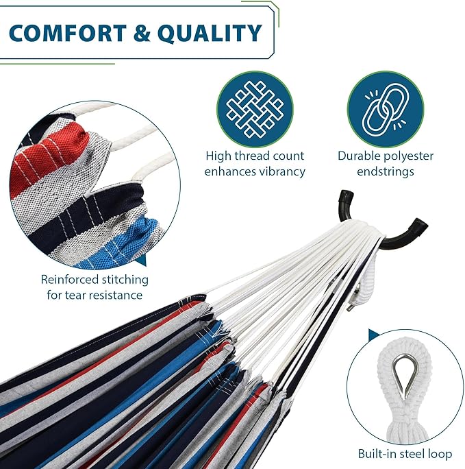 Vivere Double Cotton Hammock with Space Saving Steel Stand, Upgraded Polyester End Strings 450 lb Capacity - Premium Carry Bag Included (Denim)