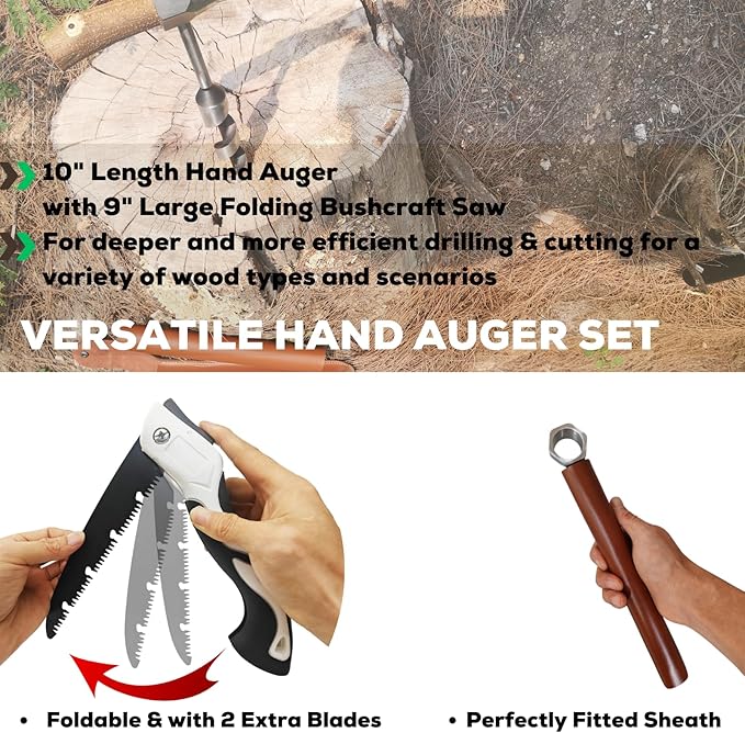 Hand Auger Wood Drill, Upgrade Welds Bushcraft Auger w/ Sharp Scottish Eye, Survival Tools for Bushcraft Projects/ Camping/Outdoors, 1*10inch Settlers Wrench & Folding Saw Kit, Bushcraft Gear
