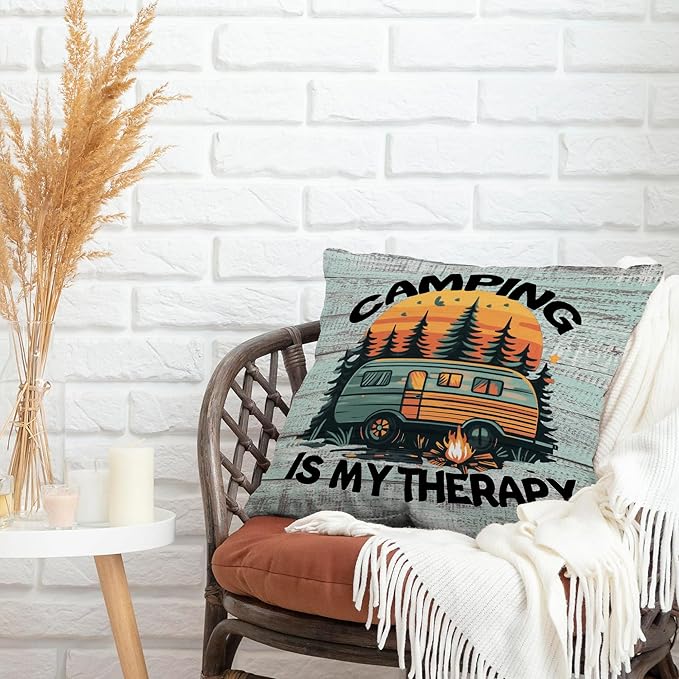 Camping Camp Decorative Throw Pillow Covers, Camping is My Therapy RV Gifts for Camper, Rustic Campsite Pillow Cases Decor for Couch Bedroom 18x18in