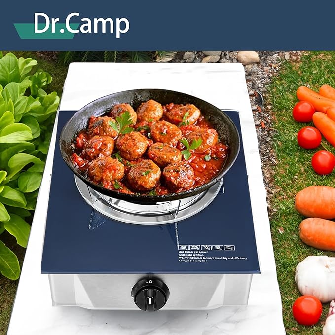 Dr.Camp Propane Gas Stove 12000 BTU Single Burner Glass Top Outdoor Camping Stove with CSA Listed Regulator and Gas Hose