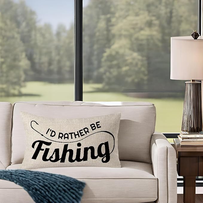 I'd Rather Be Fishing Gift to Fishing Enthusiast Club Throw Pillow Cover Cushion Case Cotton Linen Material Decorative 12x20 inches