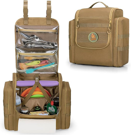 HODRANT Large Tactical Camping Kitchen Organizer, Hanging Cookware Storage Bag with Paper Towel Holder & Multi Pockets, Portable Camp Utensil Organizer for BBQ Cooking Essentials, Khaki, Bag Only