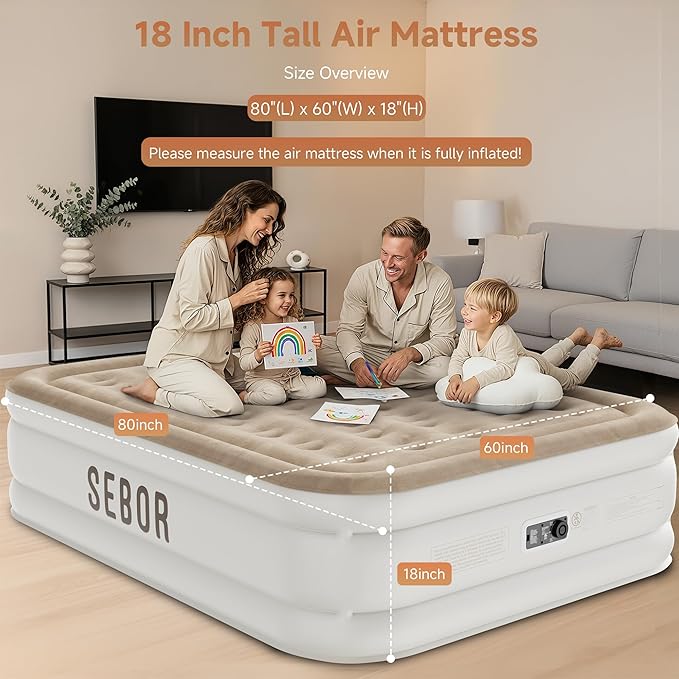 Sebor Air Mattress Queen with Built-in Pump 18", Comfortable Self-Inflating Air Mattress with High-Speed Pump, Durable Blow Up Mattress Queen with Storage Bag for Guests, Camping, Travel