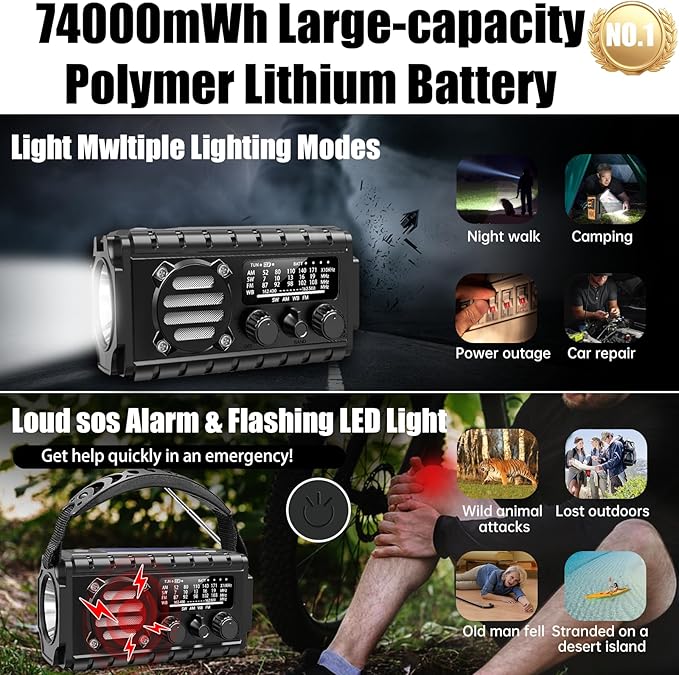 20000mah Hand Crank Emergency Radio, SW/NOAA/AM/FM Weather Radio, Solar Powered Hand Crank Charger with Big Battery Powered, Portable, Cellphone Charge, SOS, Flashlight for Emergency/Home (Black)