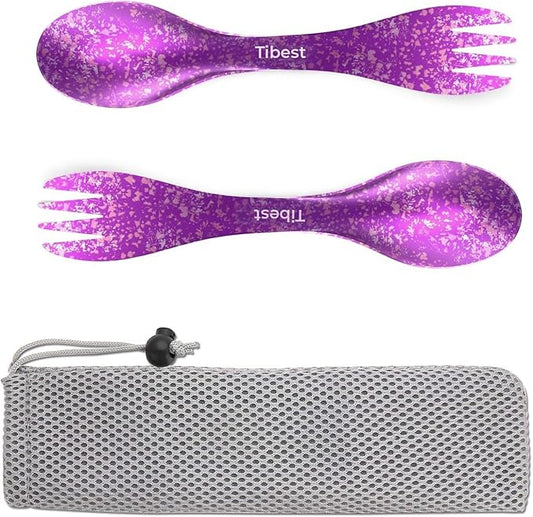 2 in 1 Titanium Spoon and Fork Combo Backpacking Utensils Lightweight Eco-Friendly Spork for Camping Backpacking Hiking Travel etc (2 Pack)