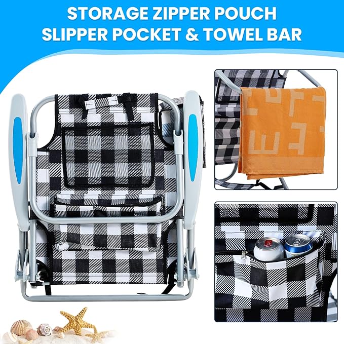 Portable Beach Chair for Adults, Outdoor Camping Chair Lay Flat Folding Backpack Beach Reclining Chair with 5 Positions, Headrest, Cup Holder, Heavy Plaid