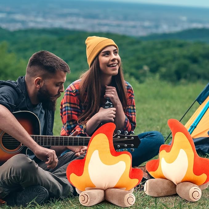 3 Pack Campfire Plush Toys Fake Fire Firewood Plush Pillow for Camping S'More Birthday Party Scene Setting Room Decoration and Woodland Forest Nursery Classroom Decor