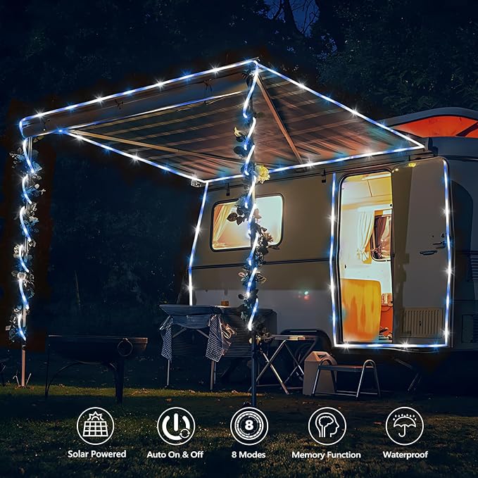 Solar Rope Lights, 2 Packs Total 66ft 200LED Solar String Lights, 8 Modes Waterproof Solar Powered Outdoor Light, Flexible Clear Tube Light for Garden Yard Patio Deck Porch Tree Xmas Decor-White&Blue