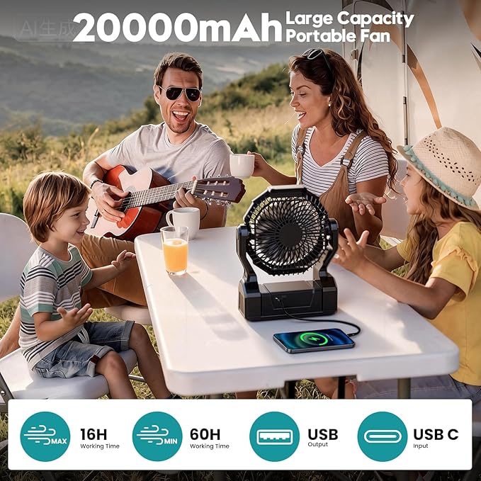 Fentara1 20000mAh Camping Fan with 64H Runtime, Rechargeable Battery Powered Portable Fan with LED Light, Quiet Travel Tent Fan for Camping, Hurricane, Fishing, Indoor Outdoor, Gifts for Men