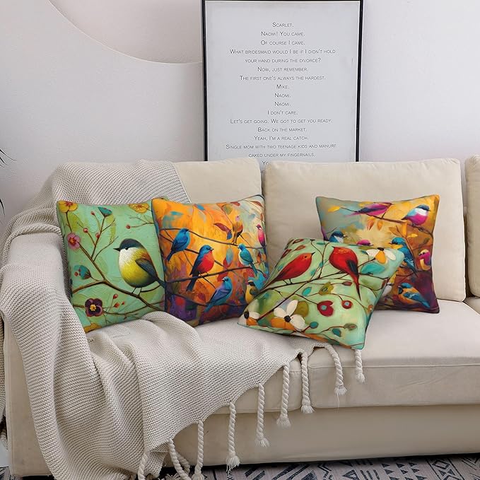 Bird Throw Pillow Covers 18 X 18 Inch Set of 4 Decorative Cushion Cover Home Decor for Sofa Chair Couch Bedroom Living Room