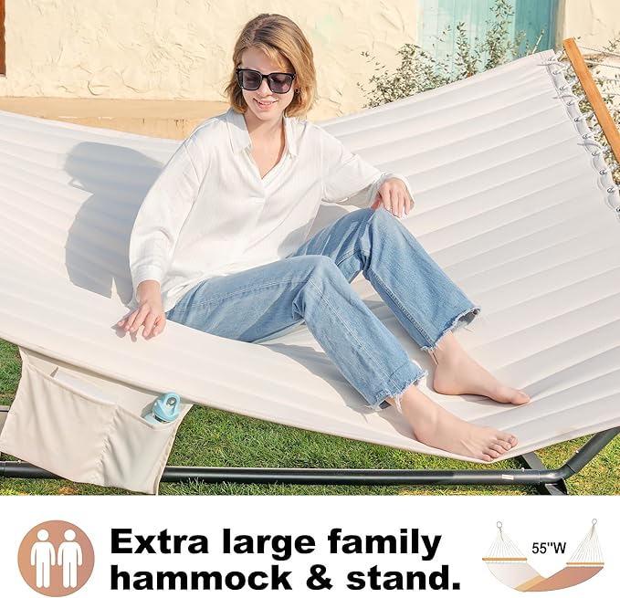 GAFETE 2 Person Hammock with Stand for Outside, Heavy Duty Steel Stand, Double 55inch Hammocks, Large Removable Pillow, Storage Bags, Max 475 lbs Capacity (Beige)