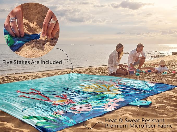 WEKAPO Beach Blanket Waterproof Sandproof Oversized, Extra Large Beach Mat Sand Free, Lightweight & Compact Sand Free Mat with 5 Stakes & 4 Corner Pockets