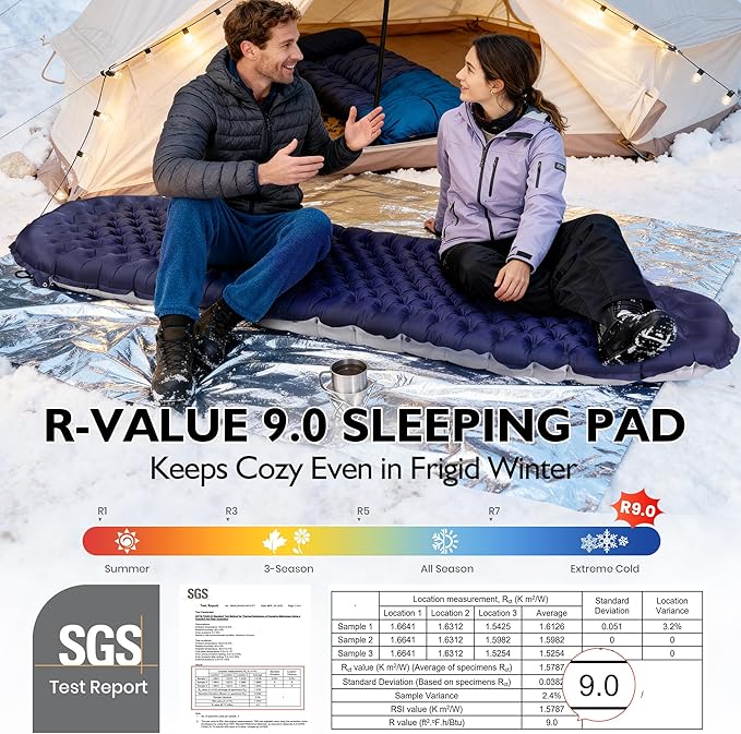TOBTOS Camping Sleeping Pad with 9.0 R-Value, 4" Thick Inflatable Camping Mattress for All Season, Compact Insulated Sleeping Mat for Backpacking & Hiking (Mummy)