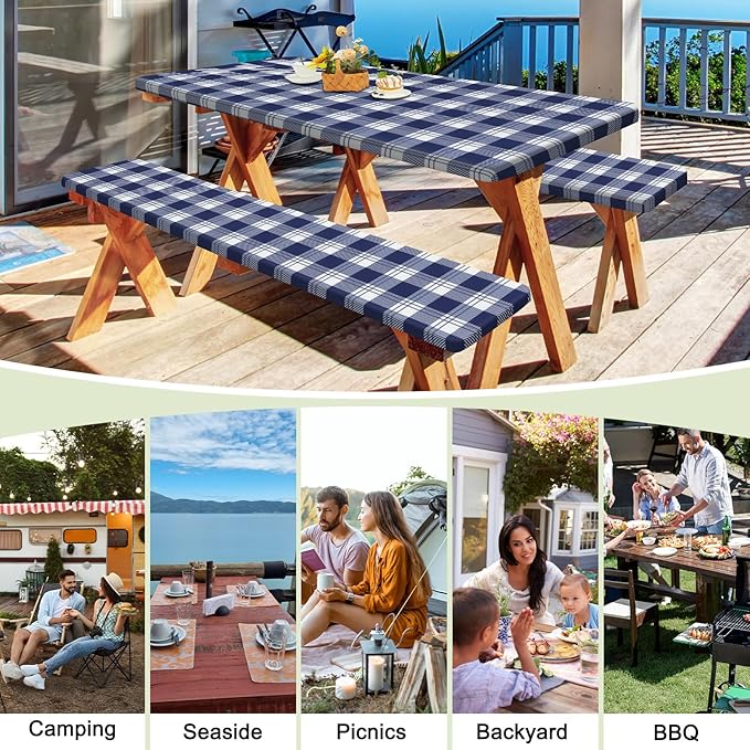 Picnic Table Cover with Bench Covers Portable Table Cloth Built-in Storage Pocket Fitted Tablecloth with Elastic Edges Waterproof Camping Essentials for Indoor Outdoor Rv,96in,Blue