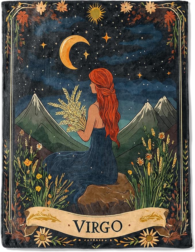 Virgo Zodiac Fleece Blanket - Lightweight Soft Cozy Gifts Throw for Zodiac Lovers,Kids,Women,Men,Red-Haired Maiden Starry Sky Tarot Blankets,Home Room Modern Artistic Bold Decor 40x50in